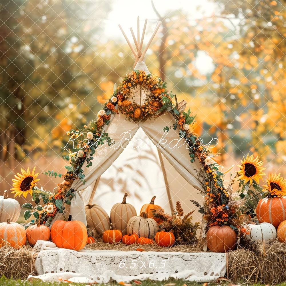 Kate Automne Tipi Tournesols Citrouilles Toile de fond conçue par Patty Roberts - Kate Backdrop FR