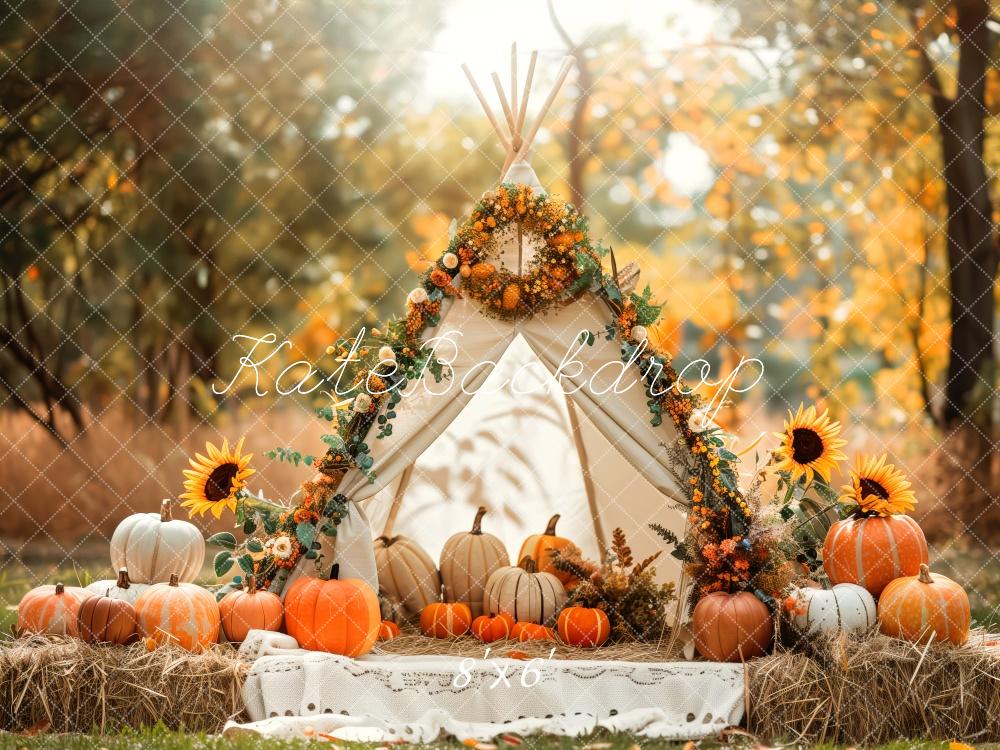 Kate Automne Tipi Tournesols Citrouilles Toile de fond conçue par Patty Roberts - Kate Backdrop FR