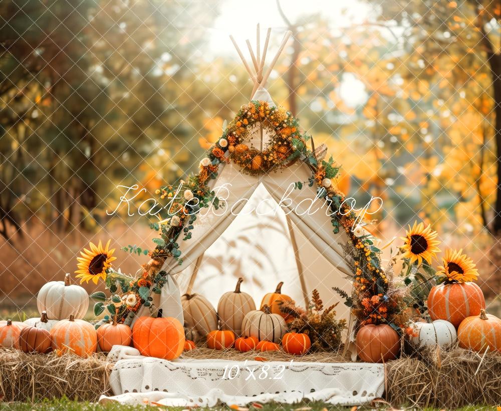 Kate Automne Tipi Tournesols Citrouilles Toile de fond conçue par Patty Roberts - Kate Backdrop FR