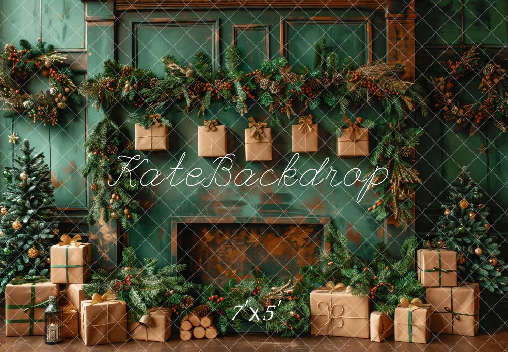 Kate Élégant Vert Noël Cheminée Cadeaux Toile de fond conçue par Patty Robert - Kate Backdrop FR