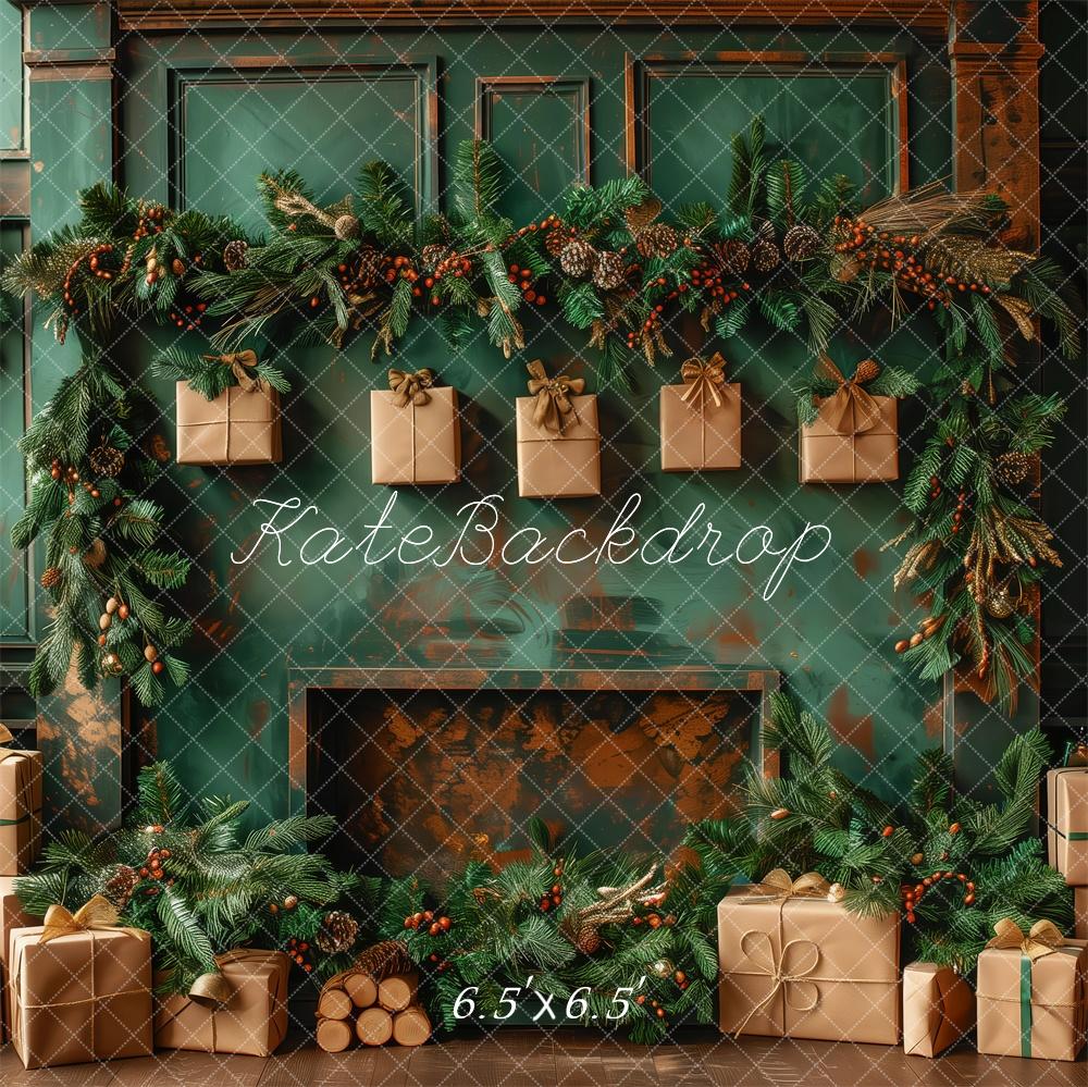 Kate Élégant Vert Noël Cheminée Cadeaux Toile de fond conçue par Patty Robert - Kate Backdrop FR