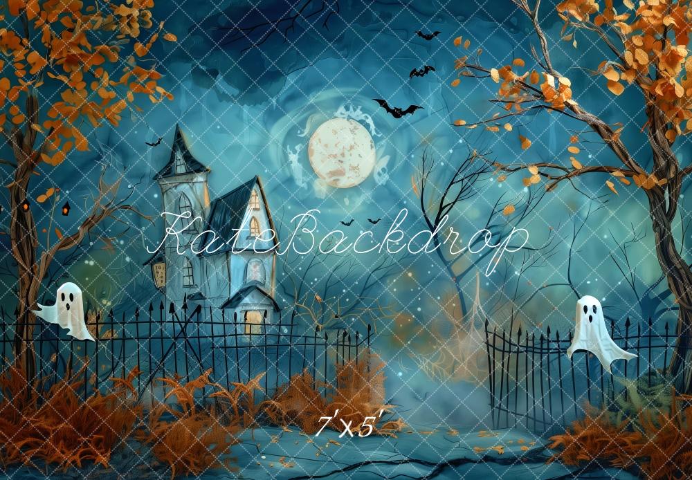 Kate Halloween Maison hantée Lune Bleu Nuit Toile de fond conçue par Patty Robert - Kate Backdrop FR