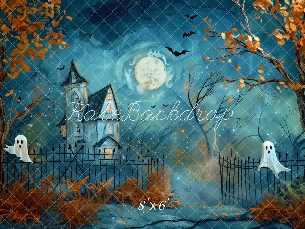 Kate Halloween Maison hantée Lune Bleu Nuit Toile de fond conçue par Patty Robert - Kate Backdrop FR