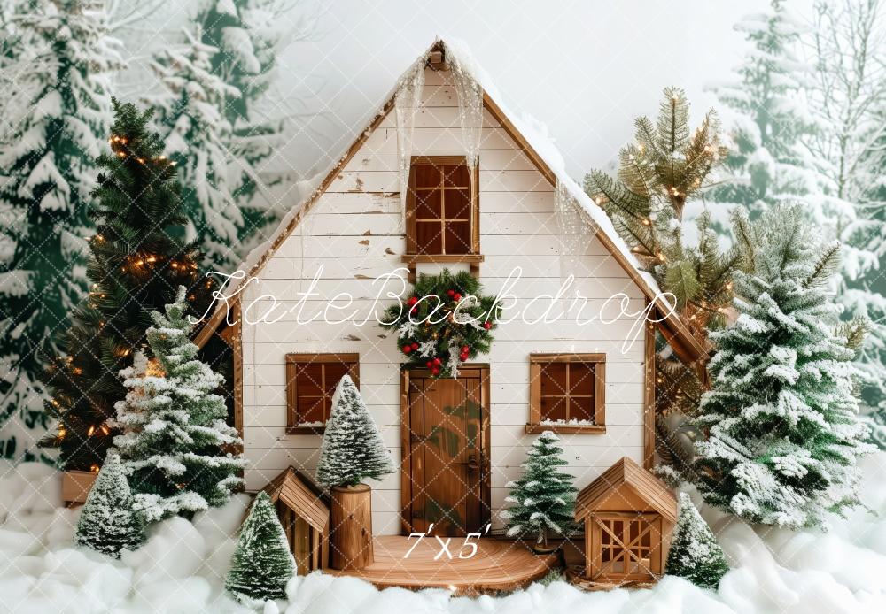 Kate Neige Noël Cabine Arbres Hiver Toile de fond conçue par Patty Robert - Kate Backdrop FR