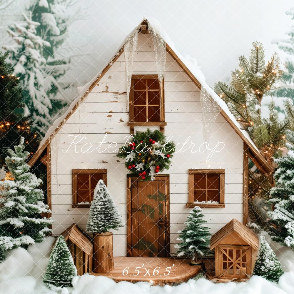 Kate Neige Noël Cabine Arbres Hiver Toile de fond conçue par Patty Robert - Kate Backdrop FR