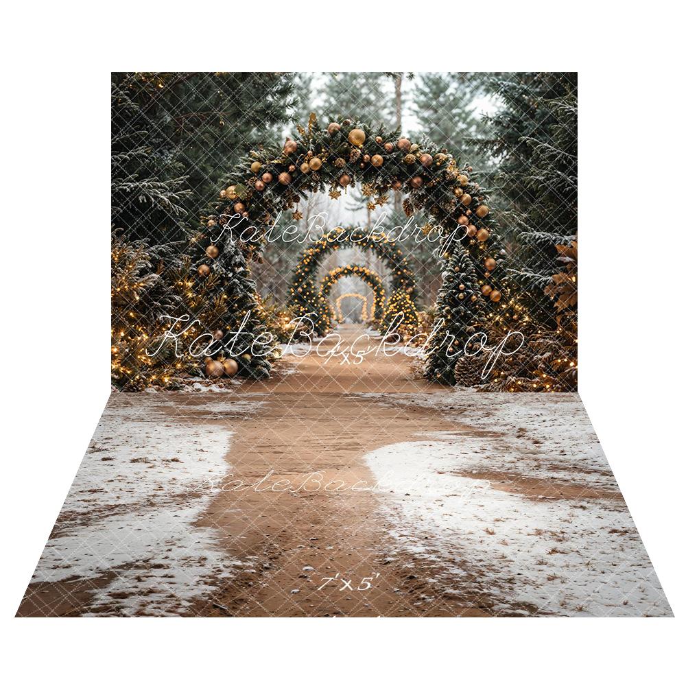 Offres Éclair #4 Kate Arbre de Noël Voûte Forêt Décors Doré Toile de fond+Hiver Chemin enneigé Sol Toile de fond - Kate Backdrop FR