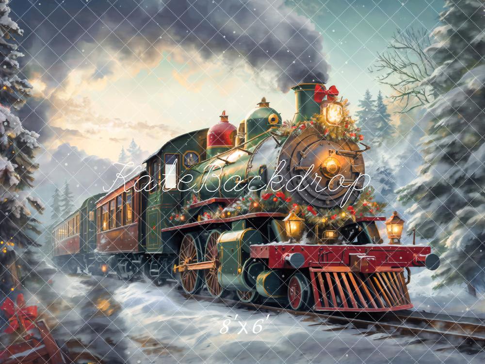 Kate Noël Train à vapeur Hiver Neige Toile de fond conçue par Emetselch - Kate Backdrop FR