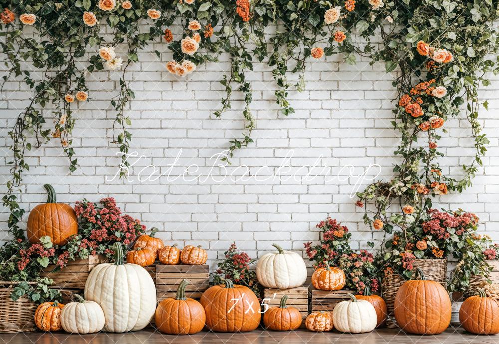 Kate Automne Citrouilles Floral Mur de briques Toile de fond conçue par Emetselch - Kate Backdrop FR