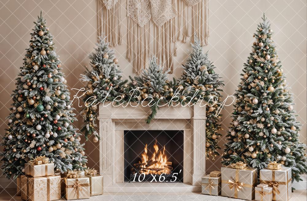 Kate Sapin de Noël Cheminée Bohème Beige Toile de fond conçue par Emetselch - Kate Backdrop FR