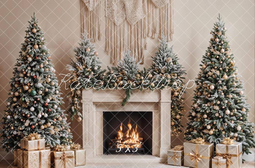 Kate Sapin de Noël Cheminée Bohème Beige Toile de fond conçue par Emetselch - Kate Backdrop FR