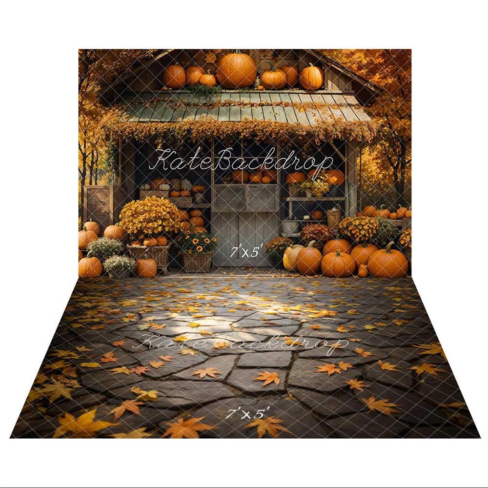Kate Automne Citrouille Grange Érable Jaune Toile de fond+Feuilles Chemin de pierre Sol Toile de fond - Kate Backdrop FR