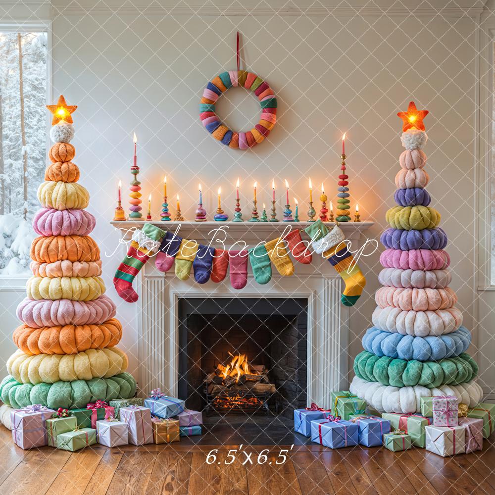 Kate Noël Arbres colorés Cheminée Hiver Toile de fond conçue par Emetselch - Kate Backdrop FR