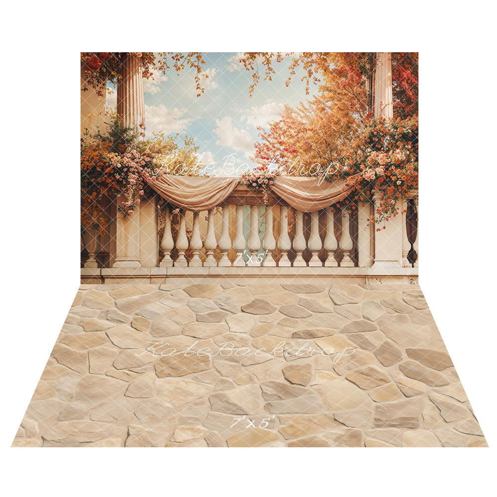 Kate Beaux-Arts Fleurs Élégant Balcon Toile de fond+Beige Texture de pierre Sol Toile de fond - Kate Backdrop FR