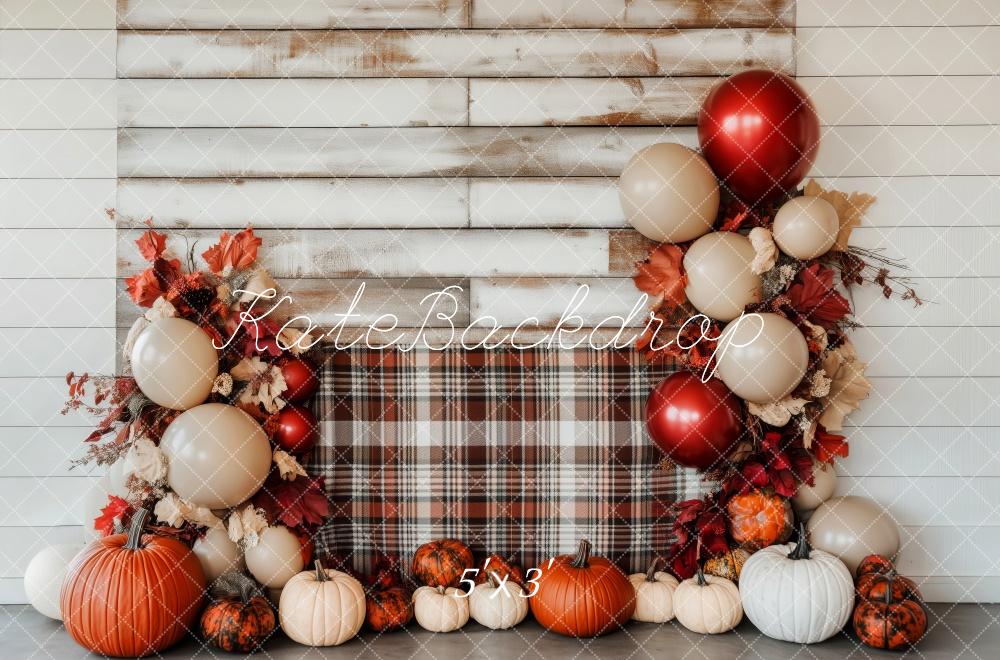 Kate Automne Plaid Citrouille Ballon Mur en bois Toile de fond conçue par Patty Robert - Kate Backdrop FR
