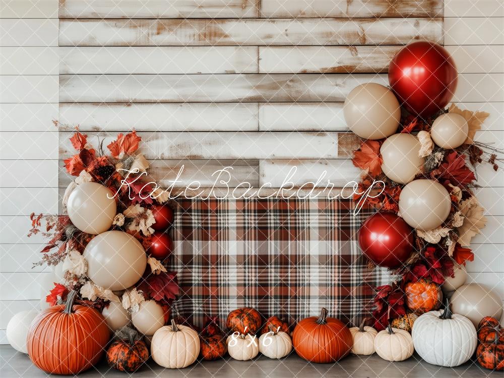 Kate Automne Plaid Citrouille Ballon Mur en bois Toile de fond conçue par Patty Robert - Kate Backdrop FR