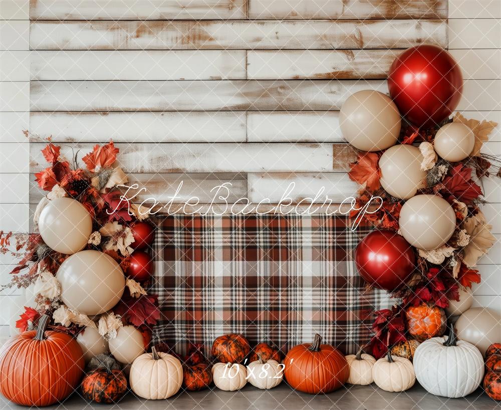Kate Automne Plaid Citrouille Ballon Mur en bois Toile de fond conçue par Patty Robert - Kate Backdrop FR