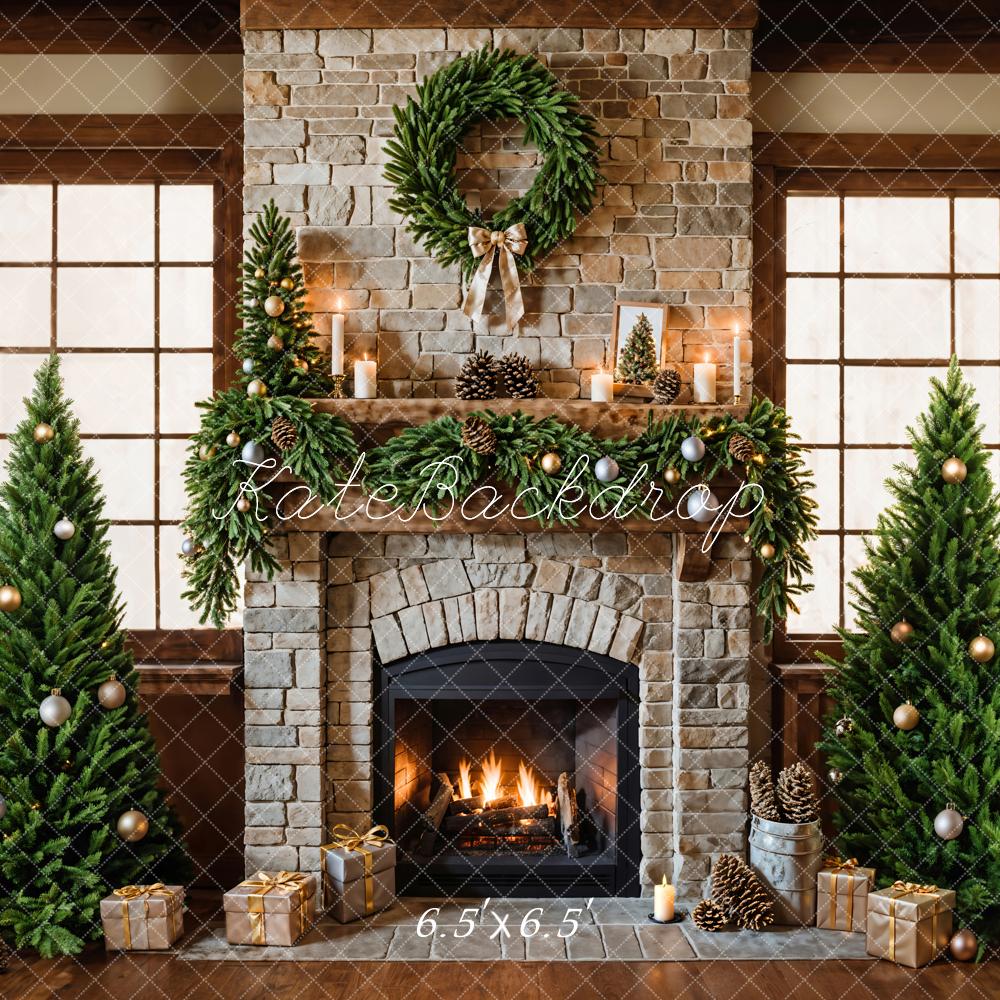 Kate Sapin de Noël Cheminée en briques Fenêtre Toile de fond conçue par Emetselch - Kate Backdrop FR