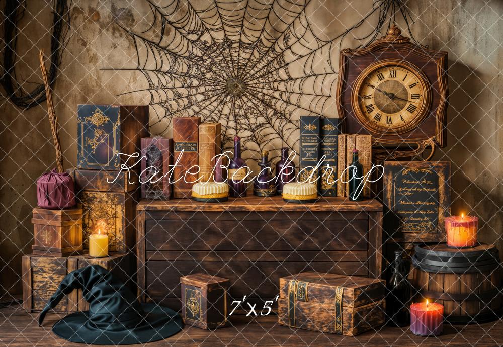 Kate Halloween Sorcière Toile d'araignée Horloge Toile de fond conçue par Emetselch - Kate Backdrop FR