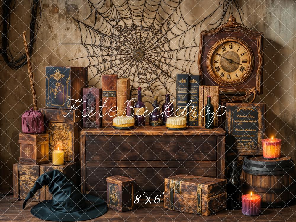 Kate Halloween Sorcière Toile d'araignée Horloge Toile de fond conçue par Emetselch - Kate Backdrop FR