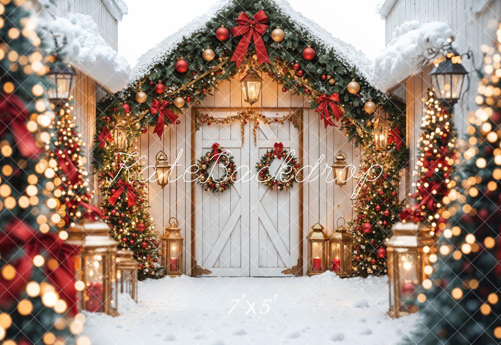 Kate Sapin de Noël Blanc Grange Porte Lumières Toile de fond conçue par Emetselch - Kate Backdrop FR