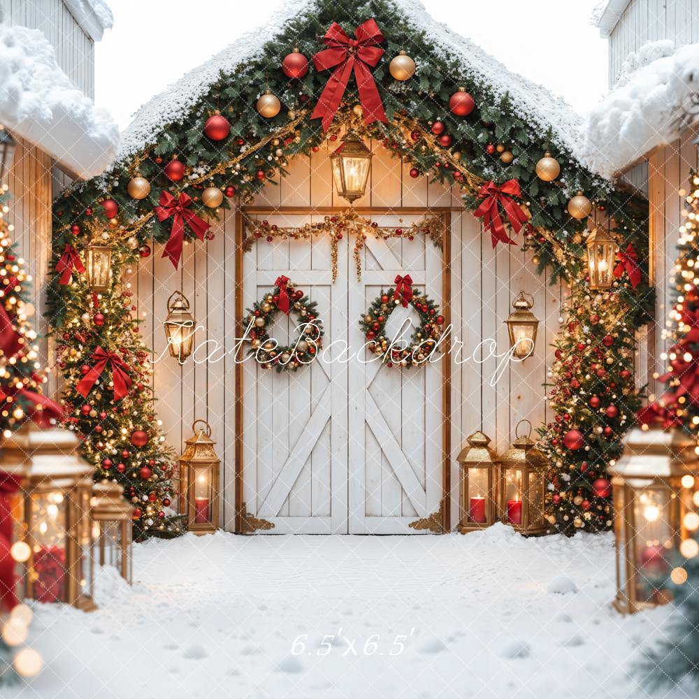 Kate Sapin de Noël Blanc Grange Porte Lumières Toile de fond conçue par Emetselch - Kate Backdrop FR