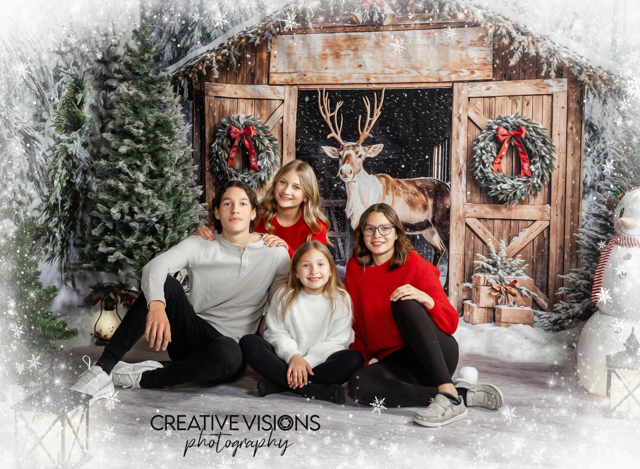 Kate Noël Cerf Grange Sapins Neige Toile de fond conçue par Emetselch