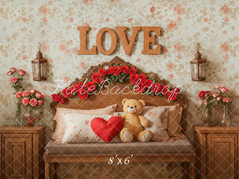 Kate Saint Valentin Fleurs Ours en peluche Lit Toile de fond conçue par Emetselch - Kate Backdrop FR