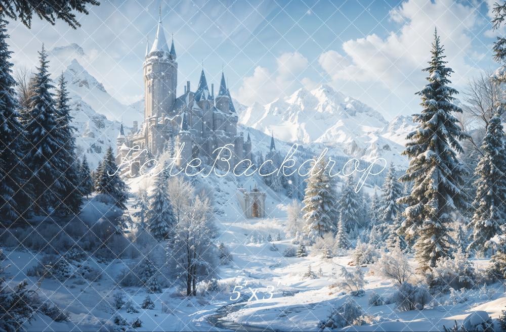 Kate Hiver Forêt Château Neige Montagne Toile de fond conçue par Emetselch - Kate Backdrop FR