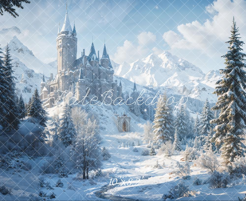 Kate Hiver Forêt Château Neige Montagne Toile de fond conçue par Emetselch - Kate Backdrop FR