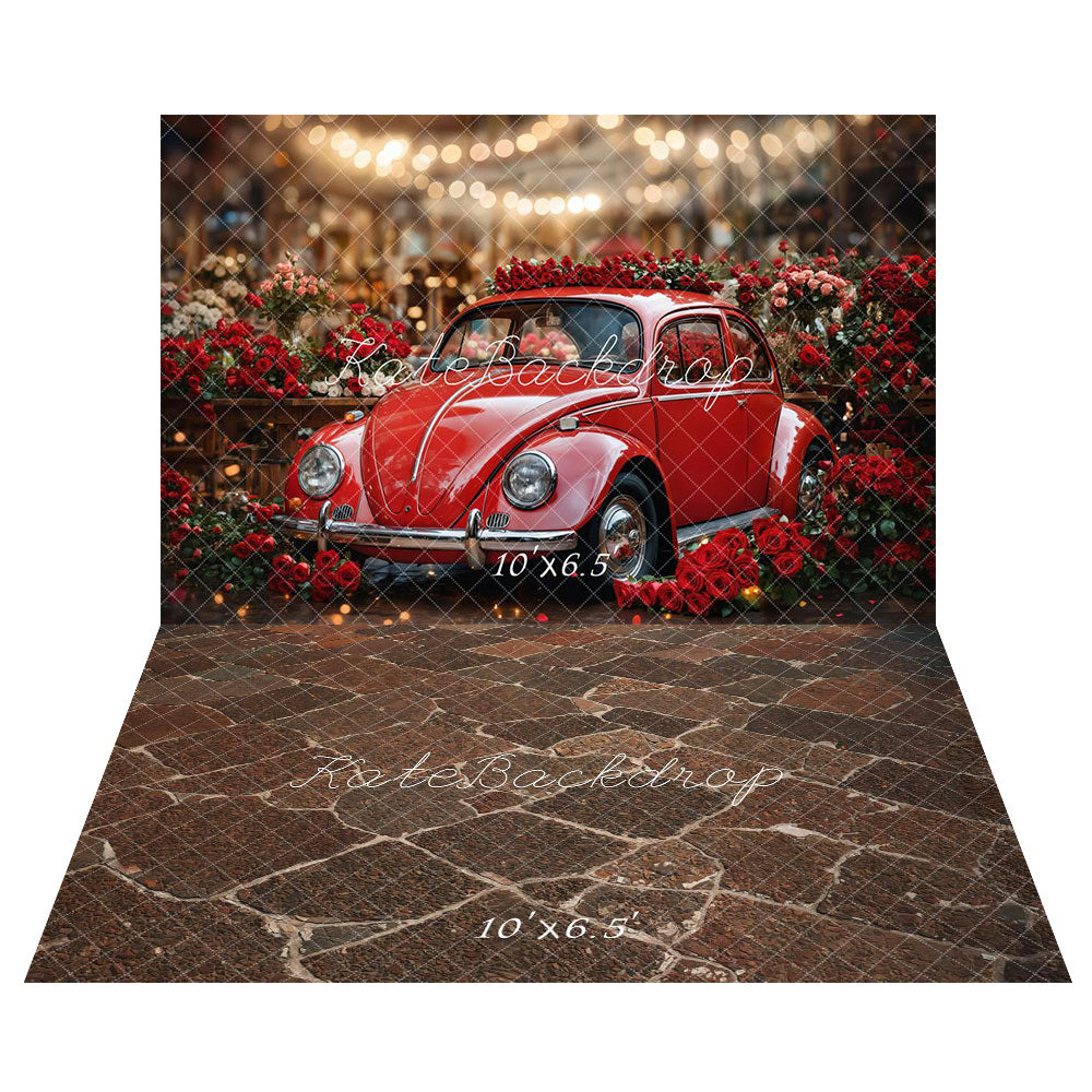 Kate Saint Valentin Vintage Voiture Rouge Roses Toile de fond+Rustique Brun Sol en pierre Toile de fond - Kate Backdrop FR