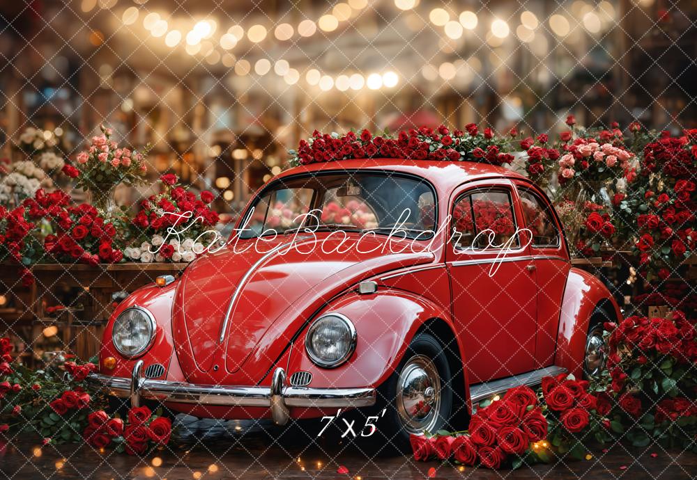 Kate Saint Valentin Vintage Voiture Rouge Roses Toile de fond conçue par Emetselch - Kate Backdrop FR