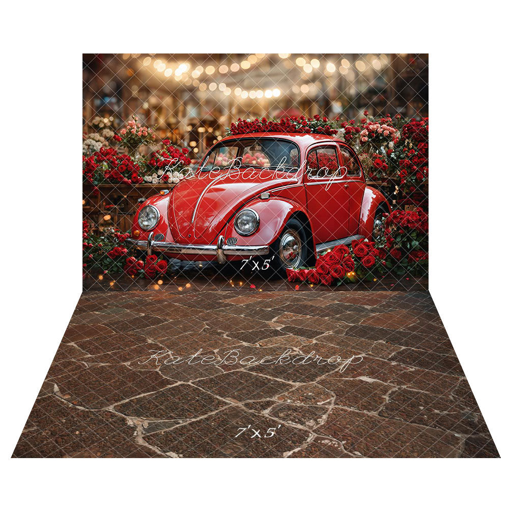 Kate Saint Valentin Vintage Voiture Rouge Roses Toile de fond+Rustique Brun Sol en pierre Toile de fond - Kate Backdrop FR