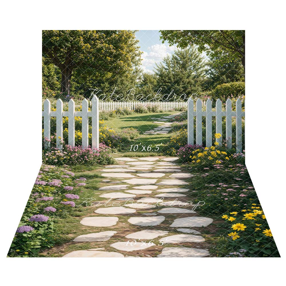 Kate Printemps Jardin Chemin Clôture blanche Toile de fond+Pierre Allée Floral Sol Toile de fond - Kate Backdrop FR