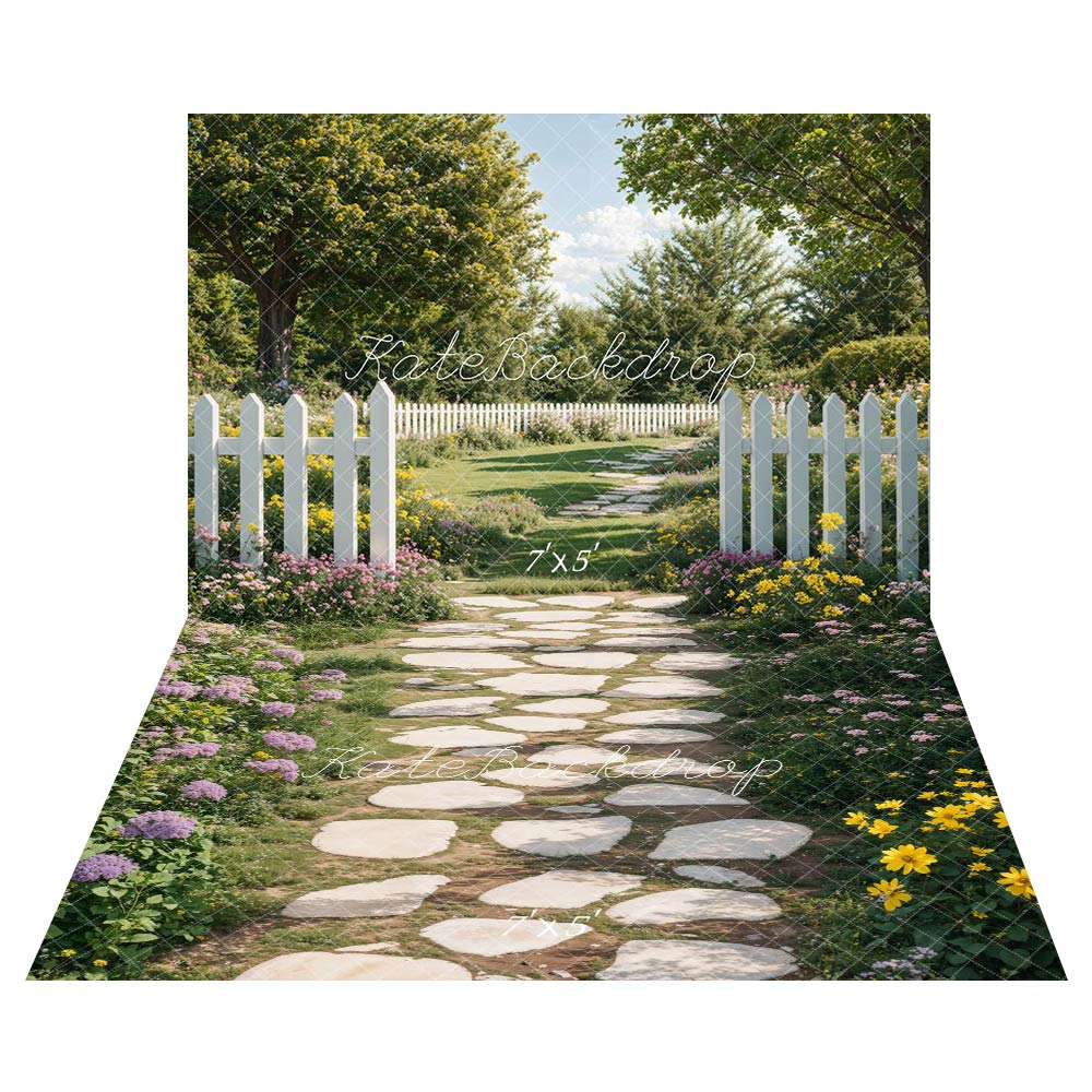 Kate Printemps Jardin Chemin Clôture blanche Toile de fond+Pierre Allée Floral Sol Toile de fond - Kate Backdrop FR