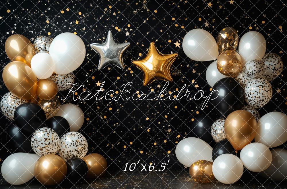 Kate Noir et Or Étoiles Ballons Cake smash Toile de fond conçue par Patty Robert - Kate Backdrop FR