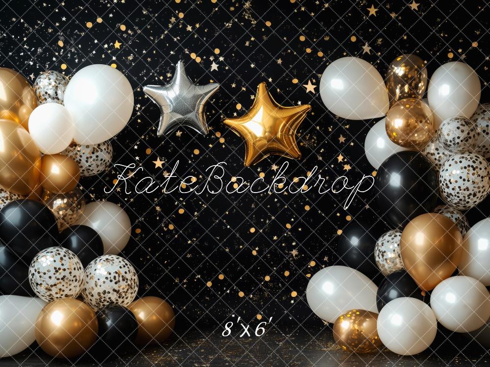 Kate Noir et Or Étoiles Ballons Cake smash Toile de fond conçue par Patty Robert - Kate Backdrop FR