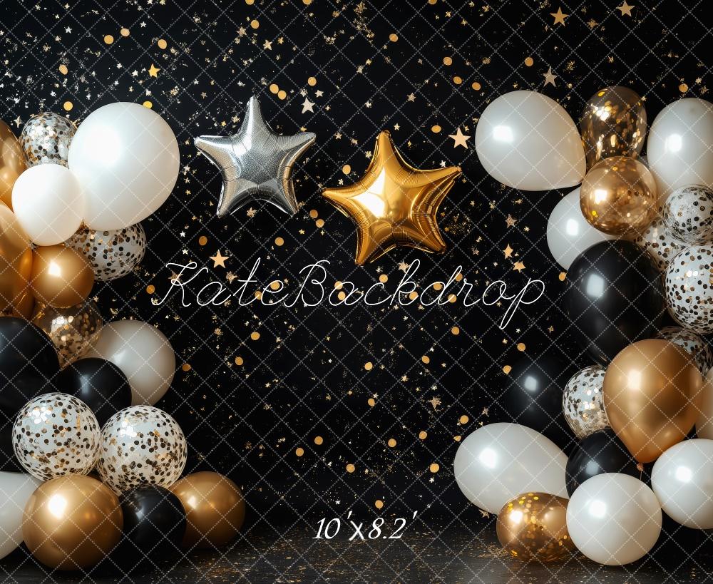 Kate Noir et Or Étoiles Ballons Cake smash Toile de fond conçue par Patty Robert - Kate Backdrop FR