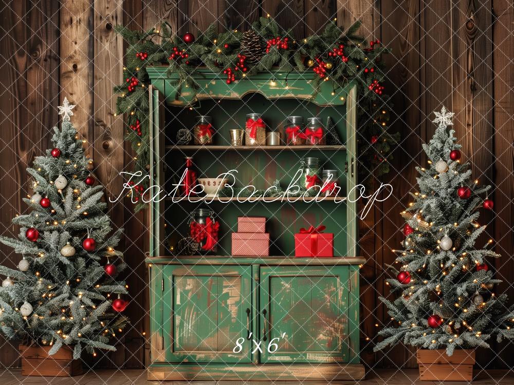 Kate Vert Rustique Armoire Sapins de Noël Toile de fond conçue par Patty Robert - Kate Backdrop FR