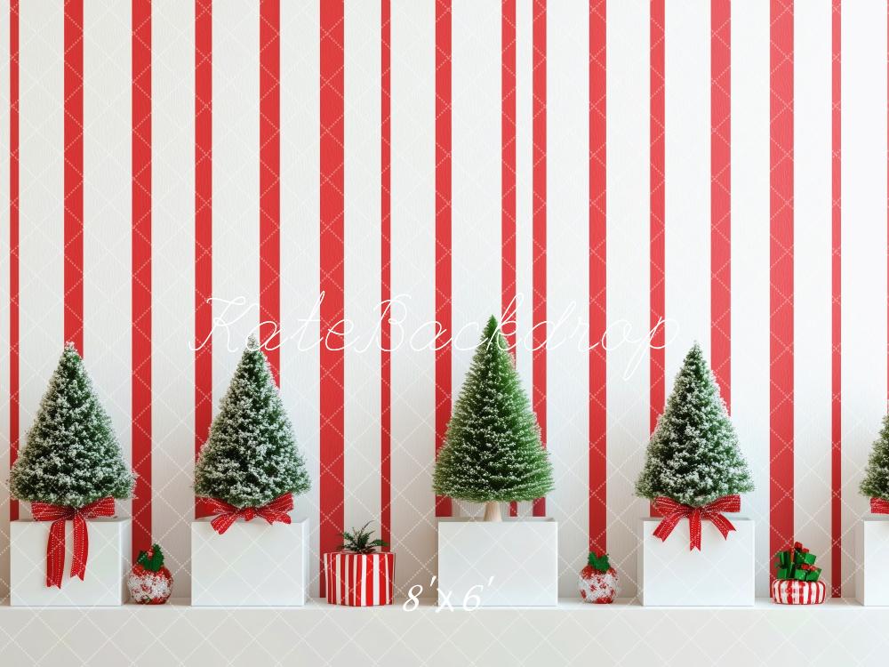 Kate Mur rayé Rouge Mini Sapins de Noël Toile de fond conçue par Patty Robert - Kate Backdrop FR