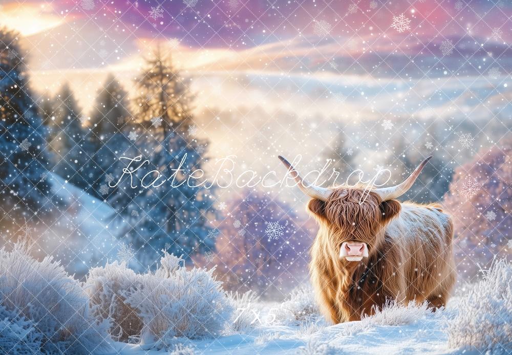 Kate Hiver Bovins Highland Neige Toile de fond conçue par Patty Roberts - Kate Backdrop FR