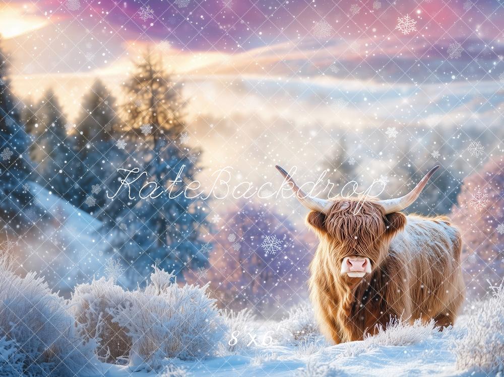 Kate Hiver Bovins Highland Neige Toile de fond conçue par Patty Roberts - Kate Backdrop FR