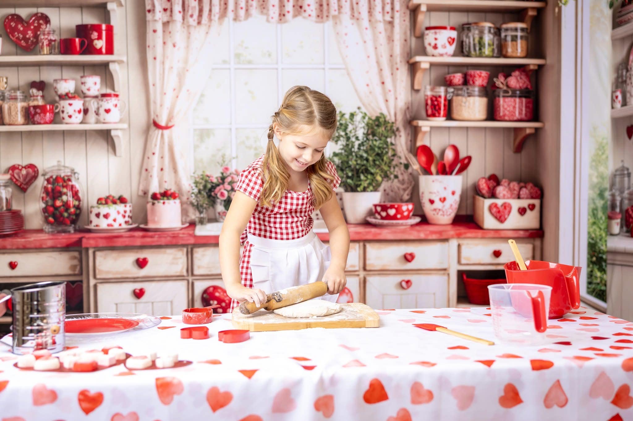 Kate Saint Valentin Cuisine Rouge Cœur Assiettes Toile de fond conçue par Emetselch - Kate Backdrop FR
