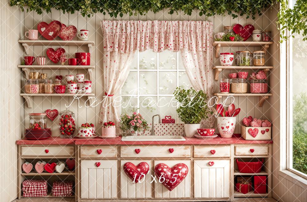 Kate Saint Valentin Cuisine Rouge Cœur Assiettes Toile de fond conçue par Emetselch - Kate Backdrop FR