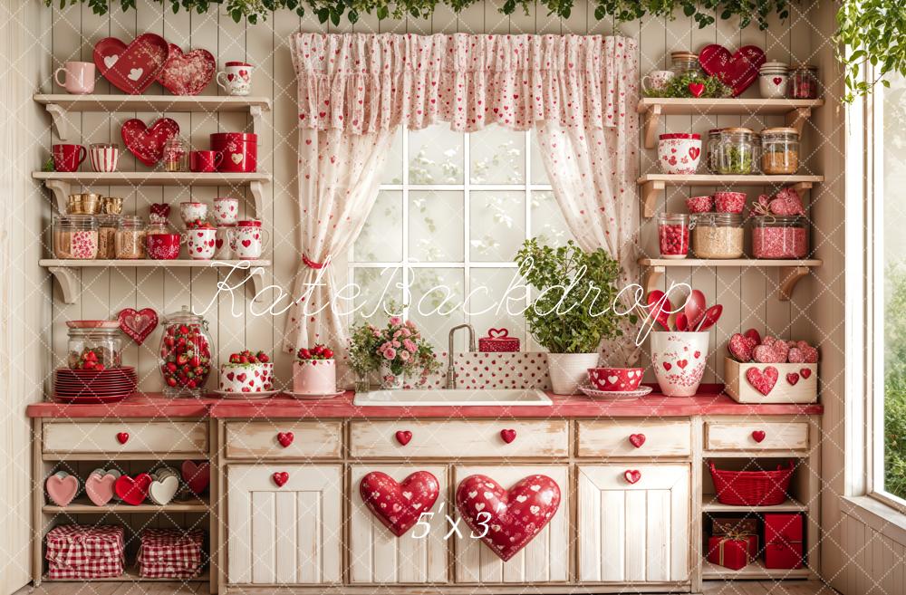 Kate Saint Valentin Cuisine Rouge Cœur Assiettes Toile de fond conçue par Emetselch - Kate Backdrop FR