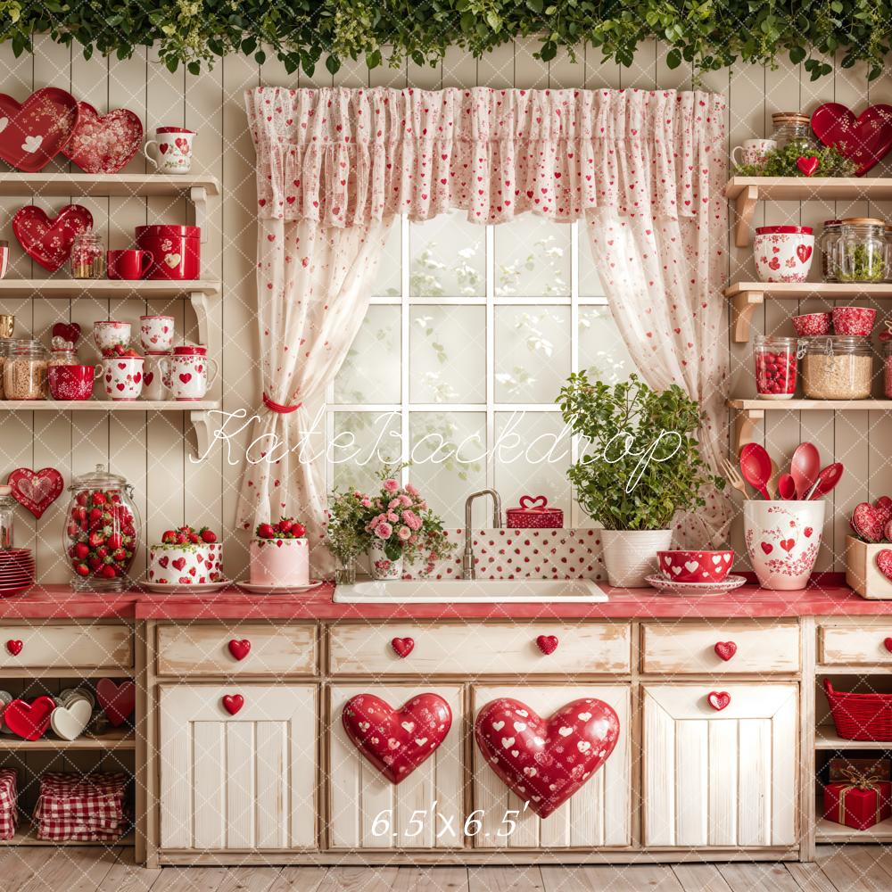 Kate Saint Valentin Cuisine Rouge Cœur Assiettes Toile de fond conçue par Emetselch - Kate Backdrop FR