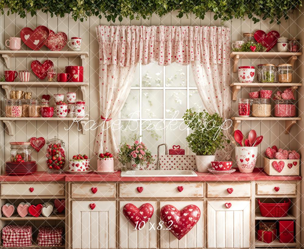 Kate Saint Valentin Cuisine Rouge Cœur Assiettes Toile de fond conçue par Emetselch - Kate Backdrop FR