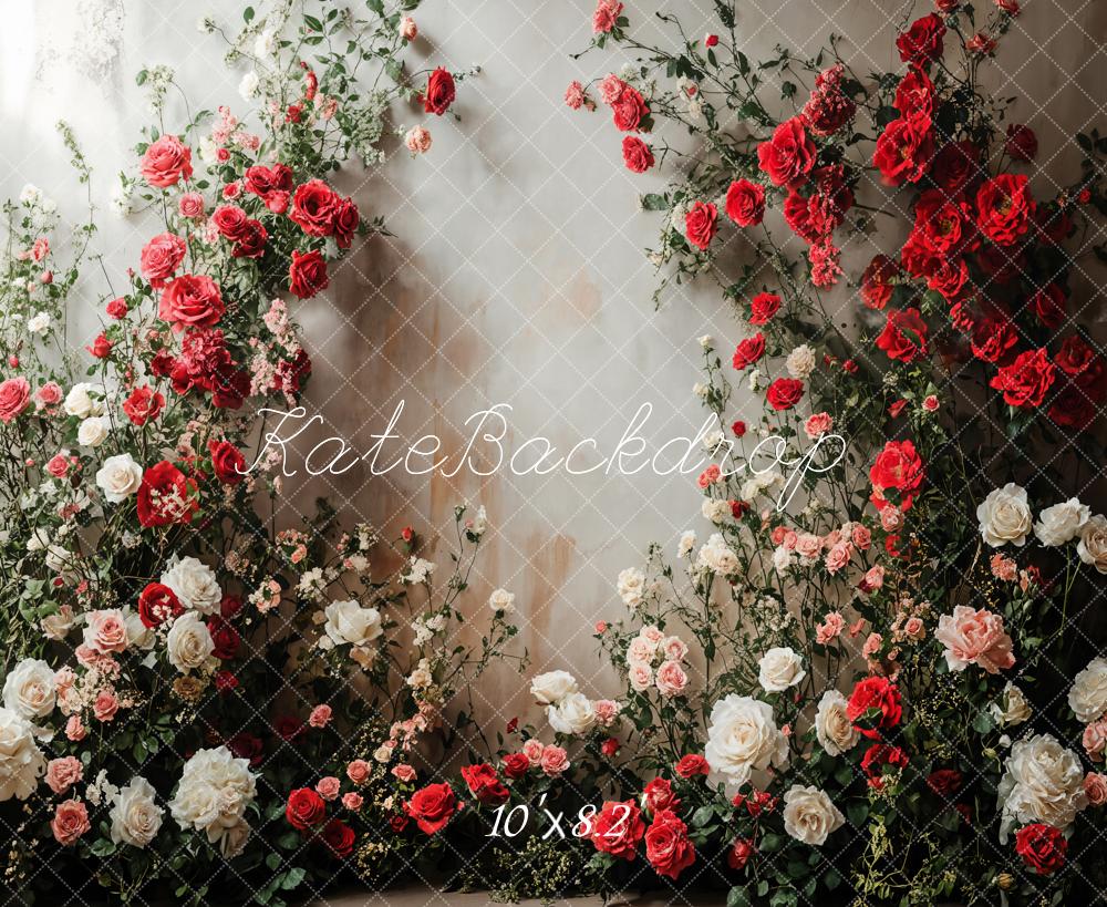 Kate Romantique Roses Florales Mur Blanc Toile de fond en Laine conçue par Emetselch - Kate Backdrop FR