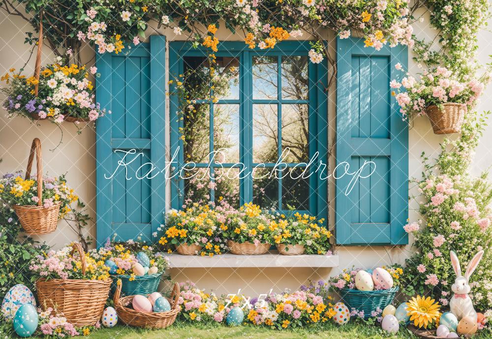 PROMO Kate Pâques Lapin Fleurs Fenêtre Bleu Toile de fond conçue par Emetselch - Kate Backdrop FR