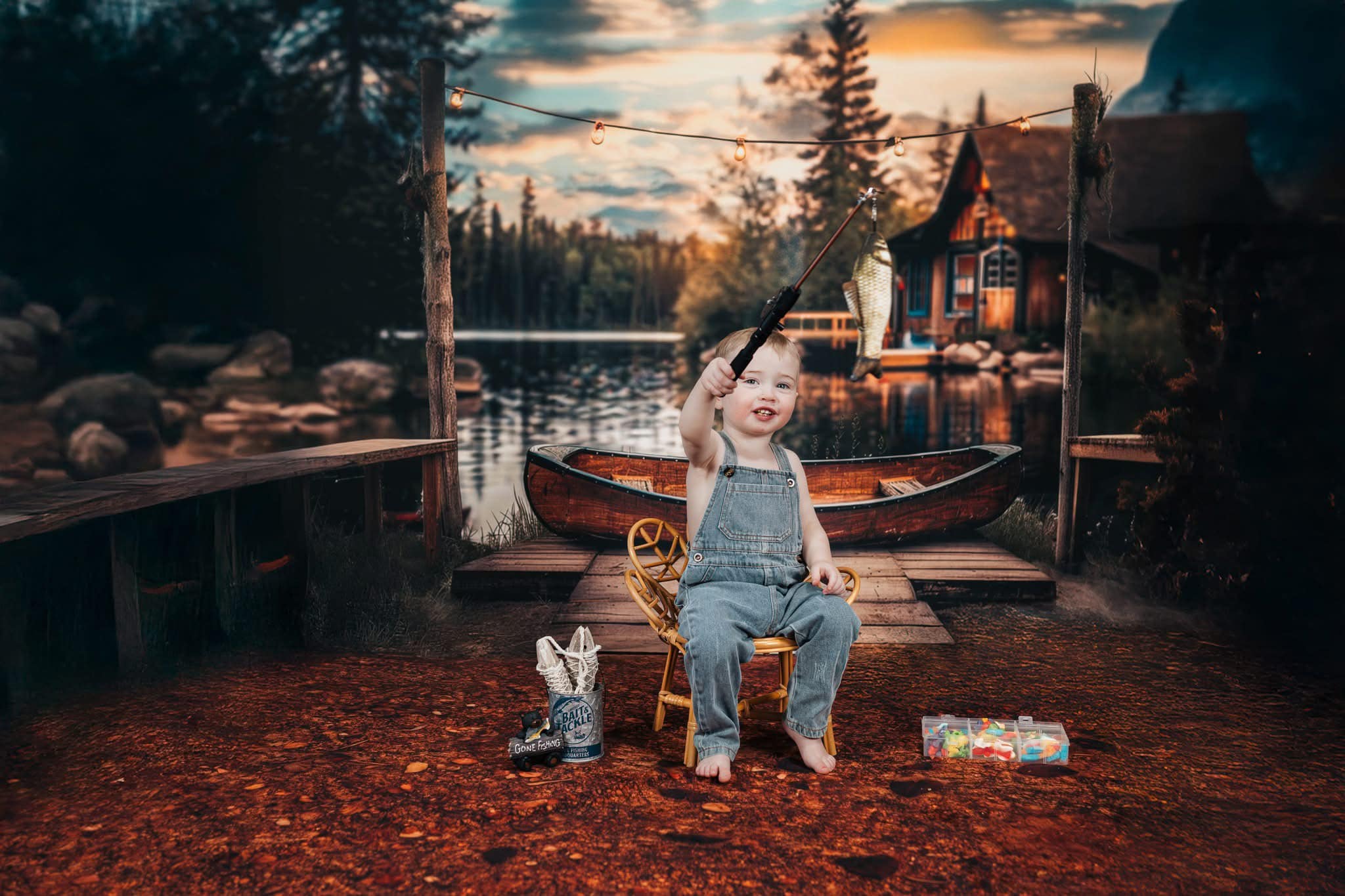 Kate Canoë Quai Lac Forêt Cabane Toile de fond conçue par Lidia Redekopp - Kate Backdrop FR
