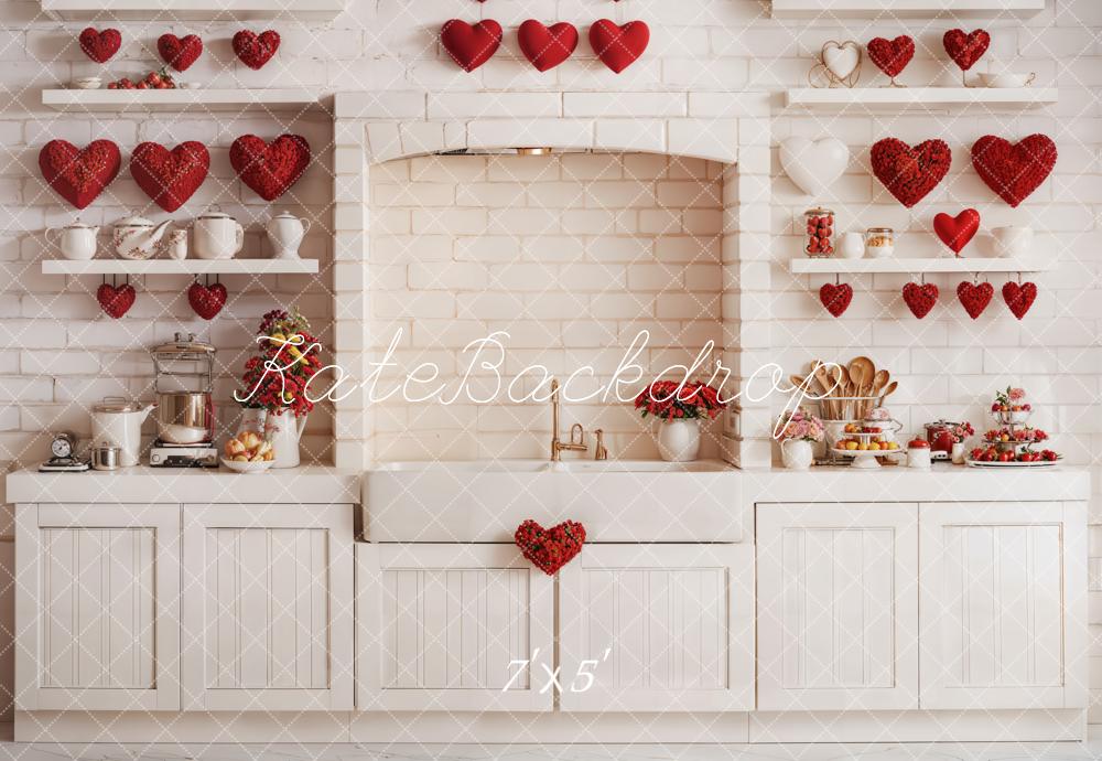 Kate Saint-Valentin Cuisine Armoires Mur de briques Toile de fond conçue par Emetselch - Kate Backdrop FR